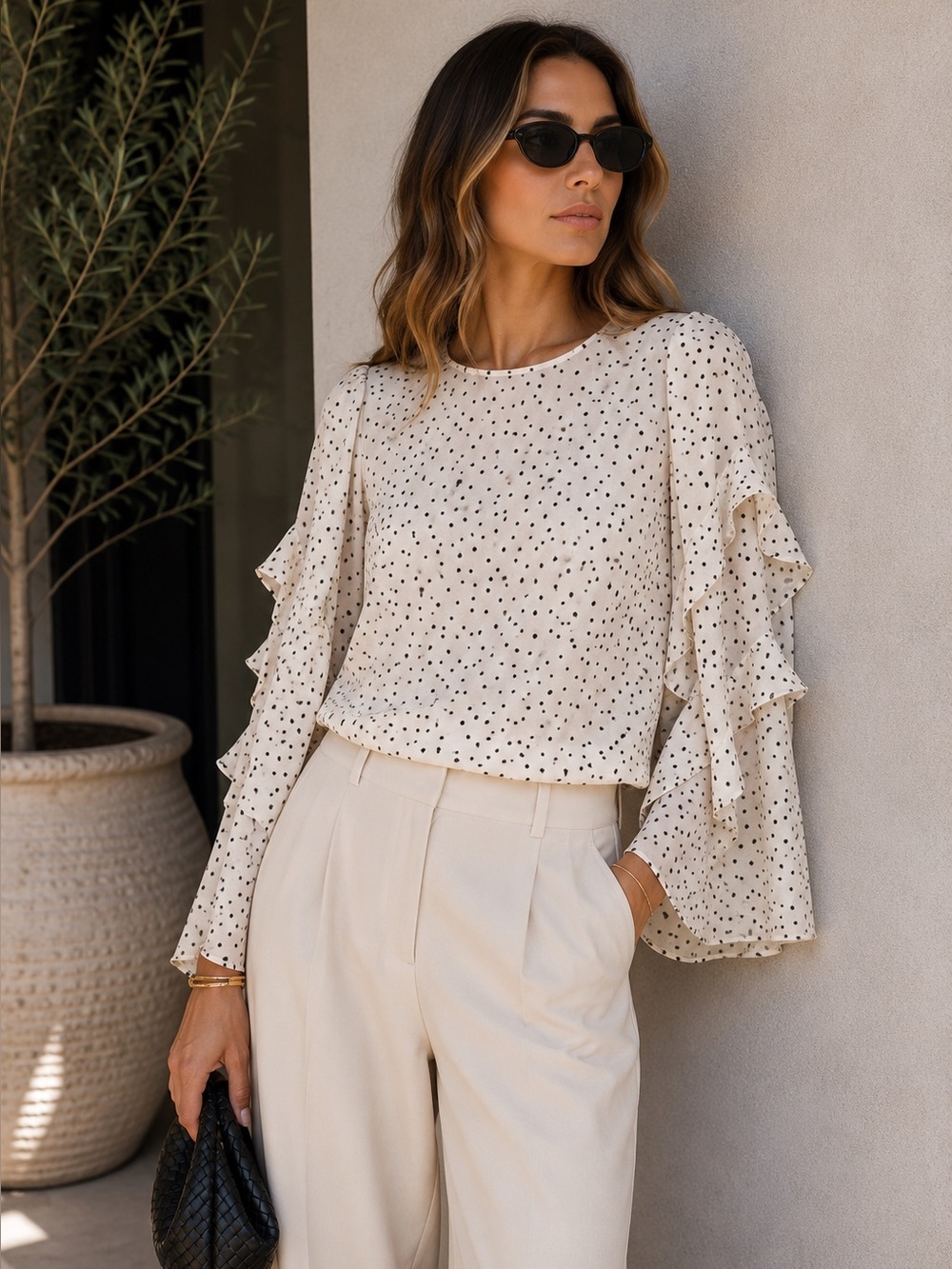 Lush Polka Dot Tiered Ruffle Sleeve Blouse Ivory Black XS
